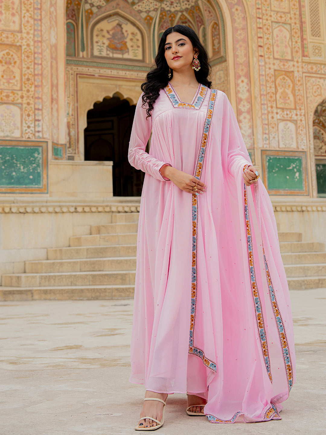 Designer Soft Pink Embroidered Georgette Anarkali Gown