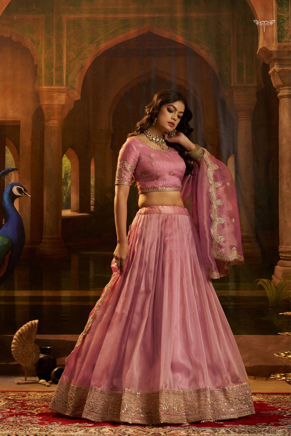 Premium Pink Hiranya Silk Lehenga Set with Art Silk Blouse and Detailed Embroidered Dupatta