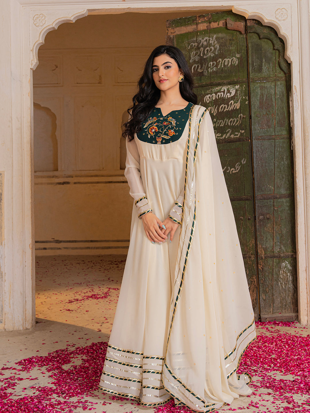 Royal Ivory Anarkali Set with Emerald Hand Embroidery for Festive Wear