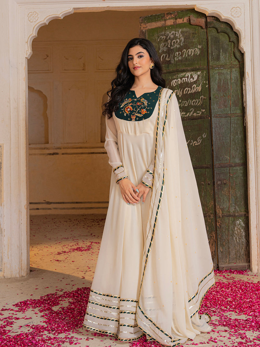 Royal Ivory Anarkali Set with Emerald Hand Embroidery for Festive Wear