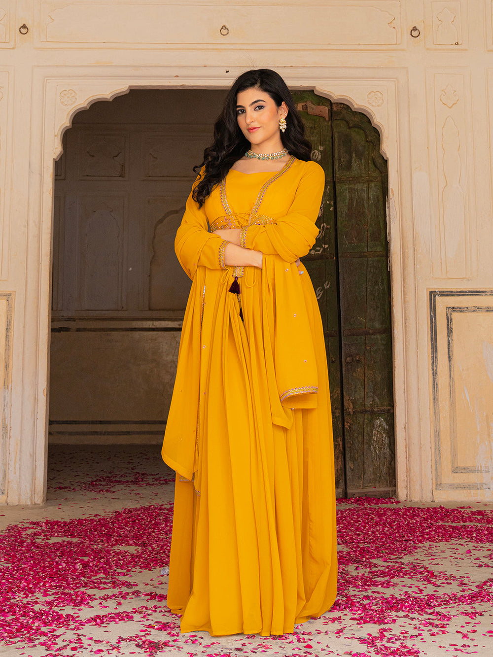 Regal Mustard Georgette Anarkali with Intricate Embroidery Work
