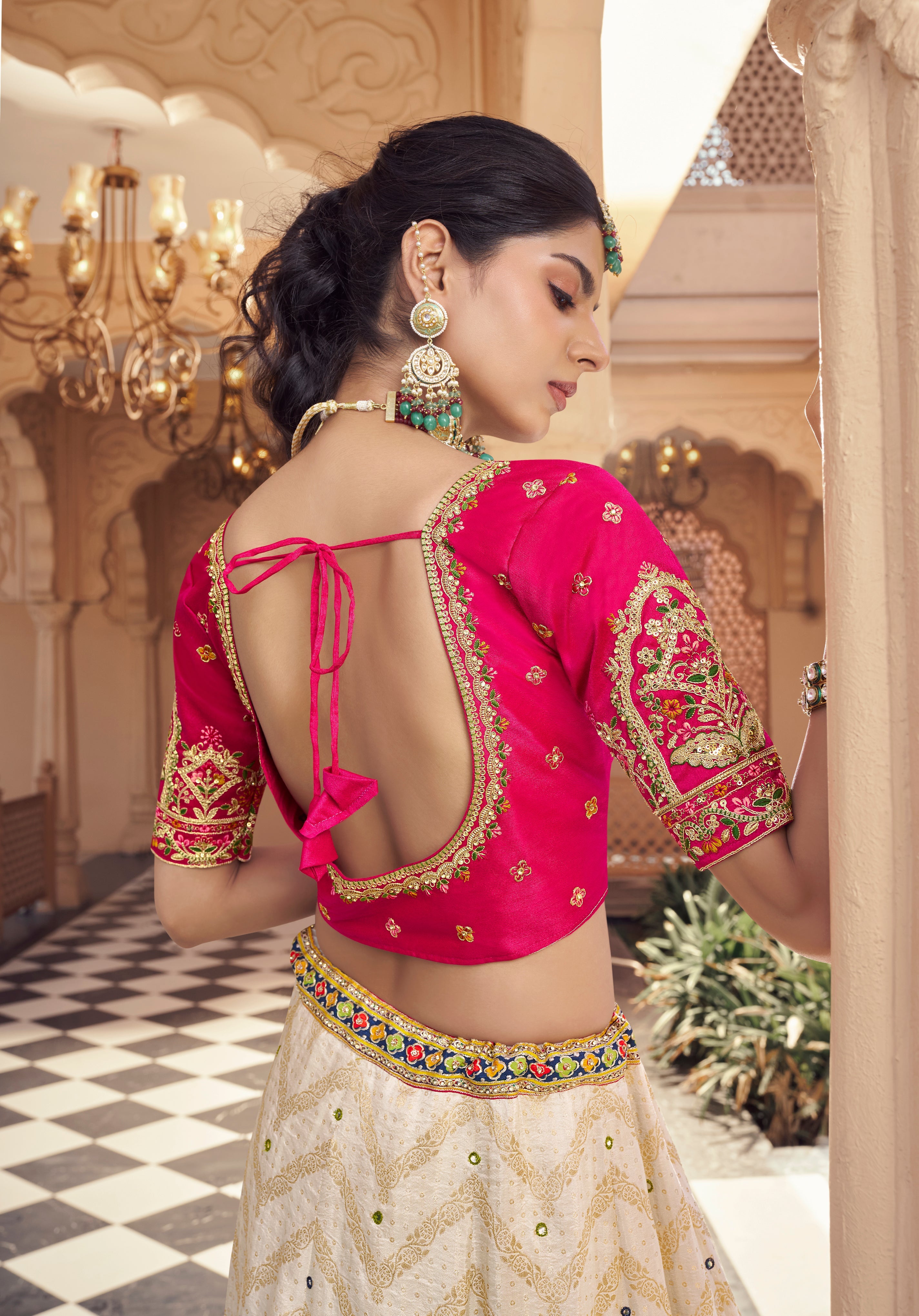 Designer Cream Lehenga with Hot Pink Blouse & Embroidered Dupatta - Yugo