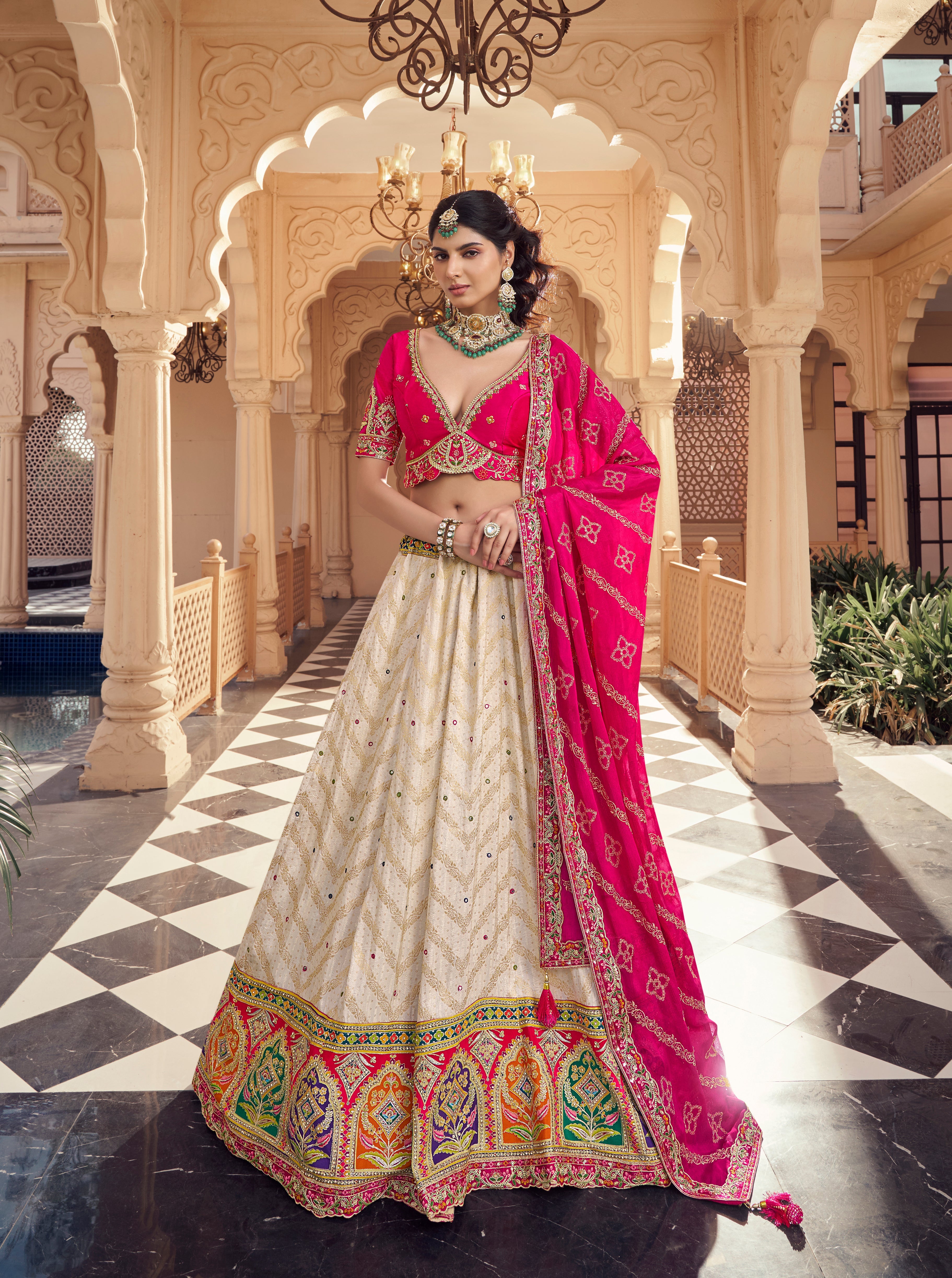 Designer Cream Lehenga with Hot Pink Blouse & Embroidered Dupatta - Yugo
