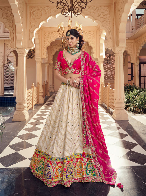 Designer Cream Lehenga with Hot Pink Blouse & Embroidered Dupatta - Image 3