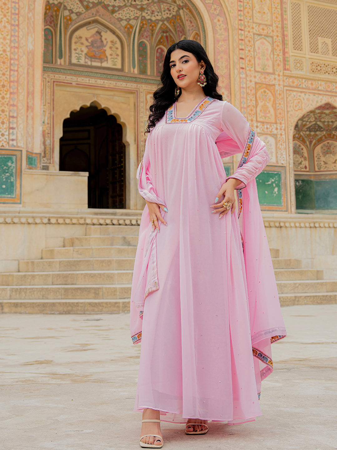 Designer Soft Pink Embroidered Georgette Anarkali Gown