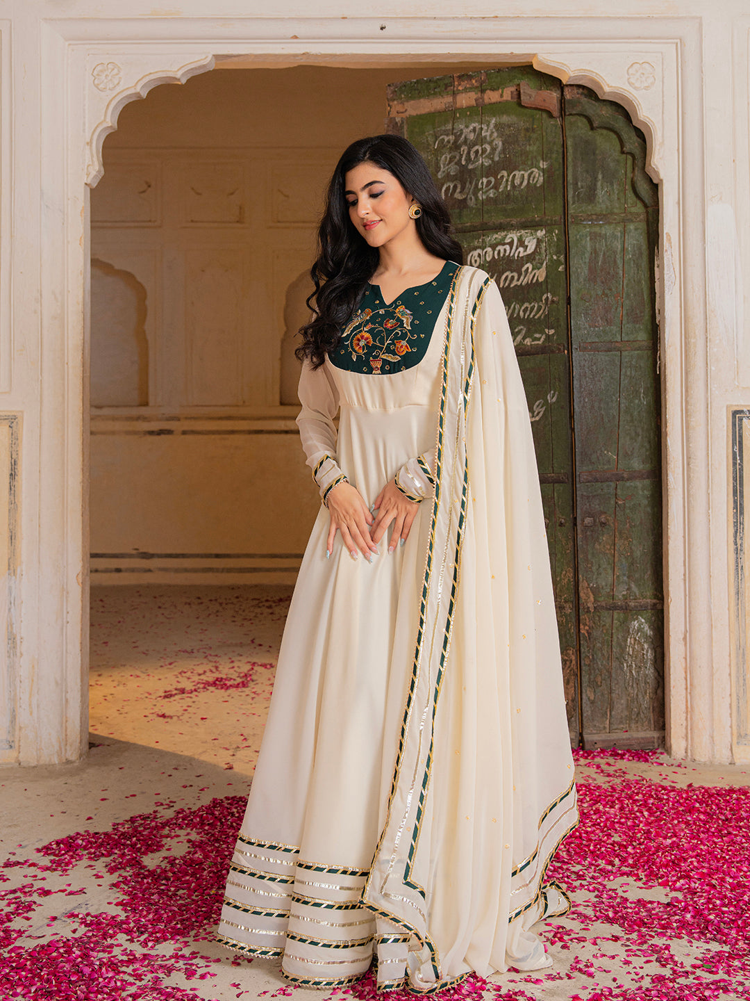 Royal Ivory Anarkali Set with Emerald Hand Embroidery for Festive Wear