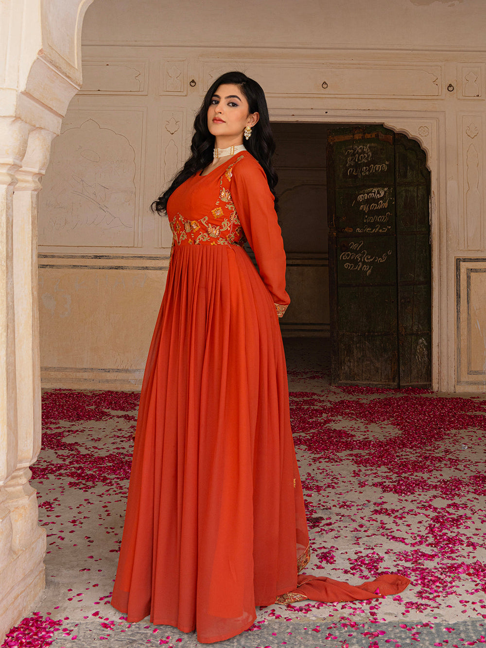 Radiant Orange Georgette Anarkali with Intricate Embroidered Detailing