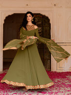 Olive Festive Wear Embroidered Georgette Anarkali Set for Women