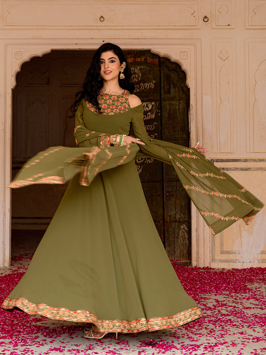 Olive Festive Wear Embroidered Georgette Anarkali Set for Women