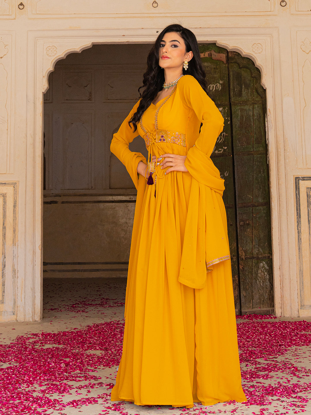Regal Mustard Georgette Anarkali with Intricate Embroidery Work