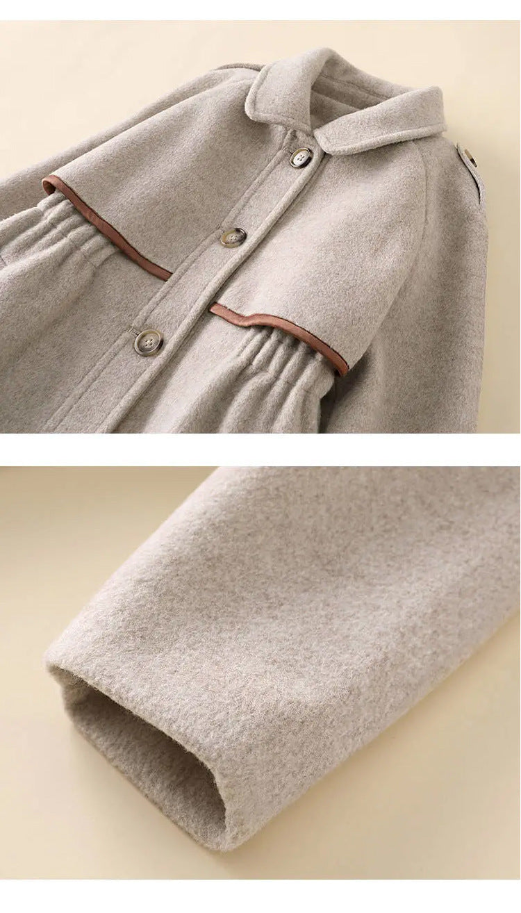 Girl's Solid Color Woolen Coat, British Fashion Mid-length Coat, Waist Thickened