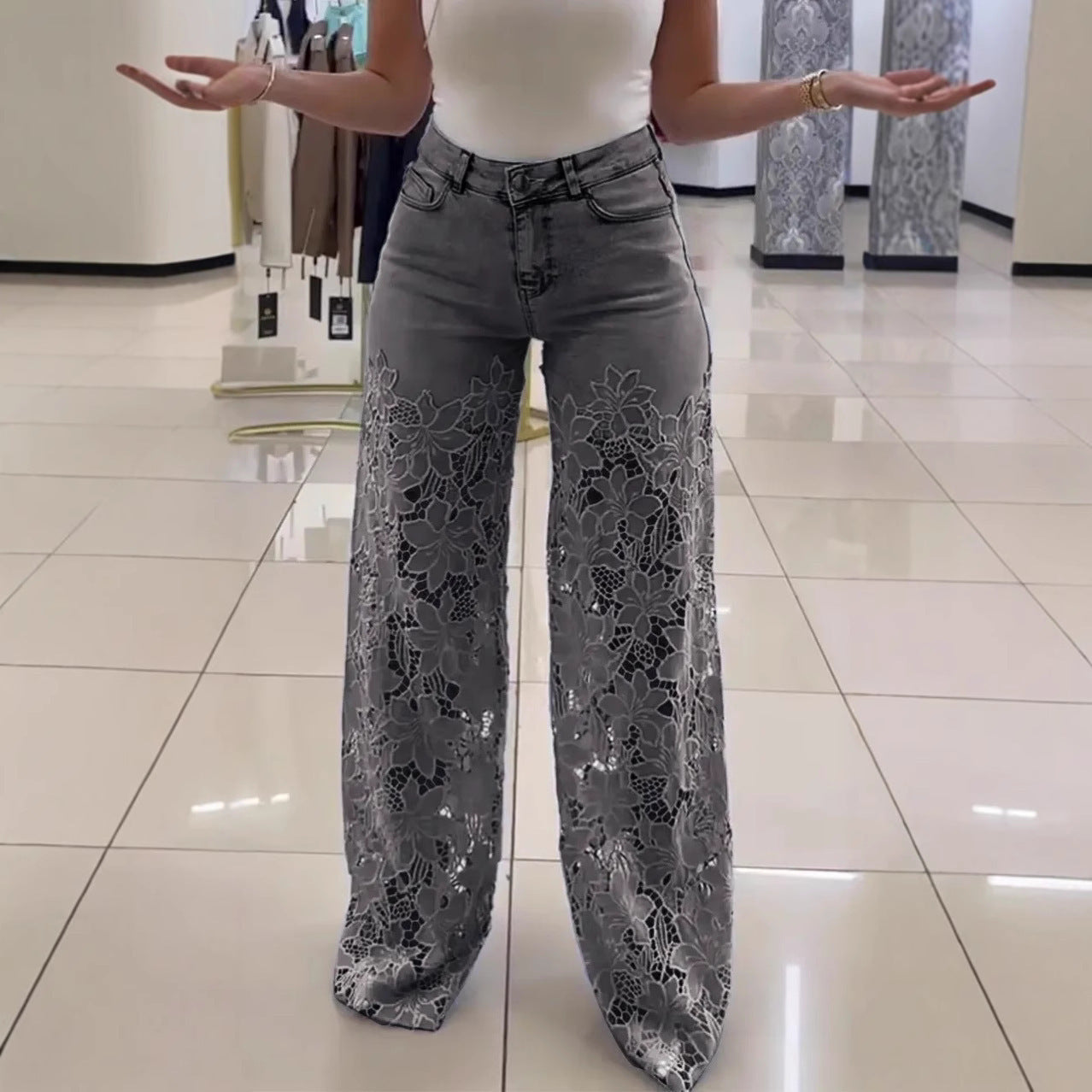 Women's Y2K Lace Flowers Hollow High Waist Jeans.
