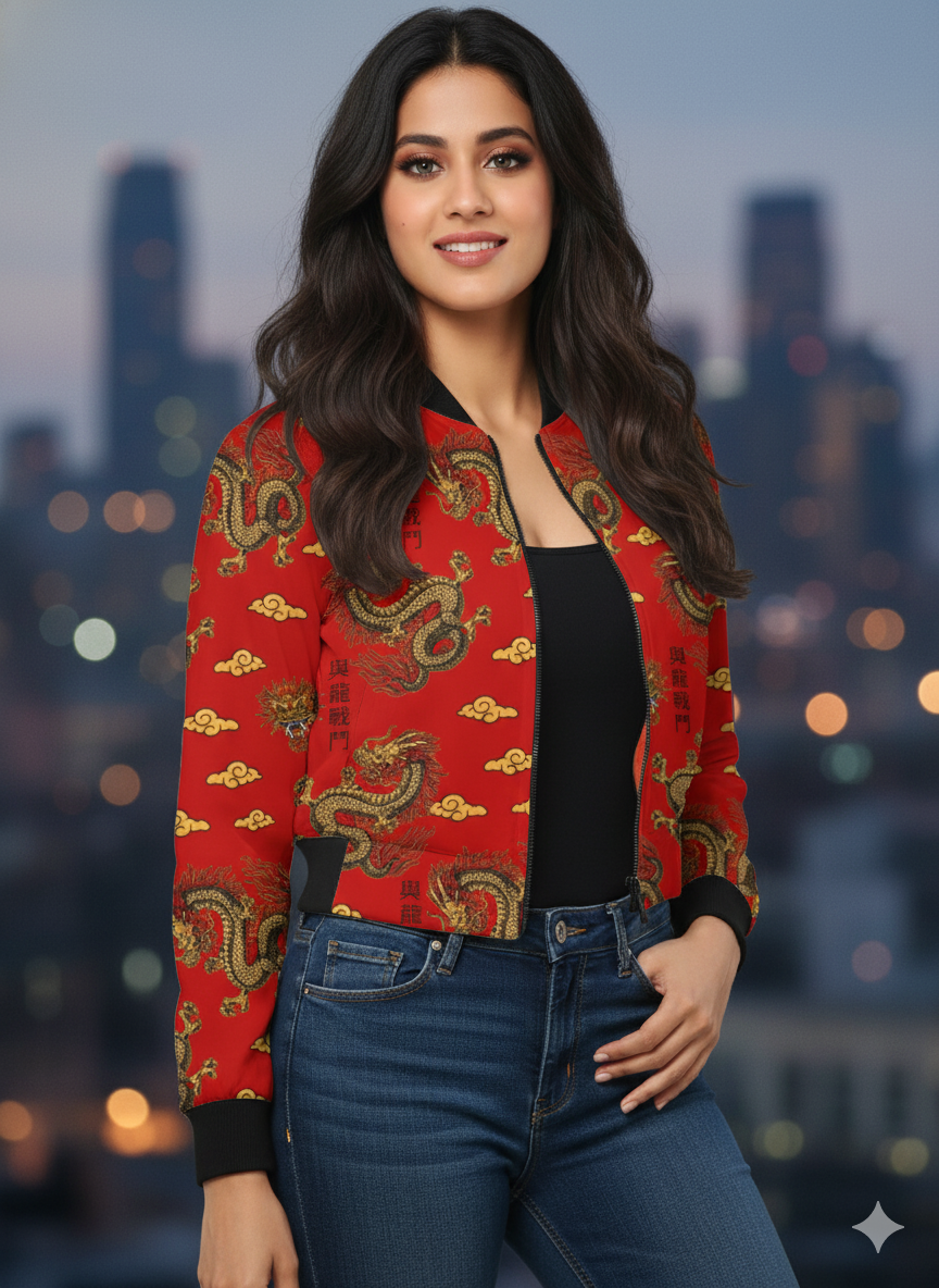 Women's  Fade-proof printed 240 GSM premium poly brushed fleece, Bomber Jacket