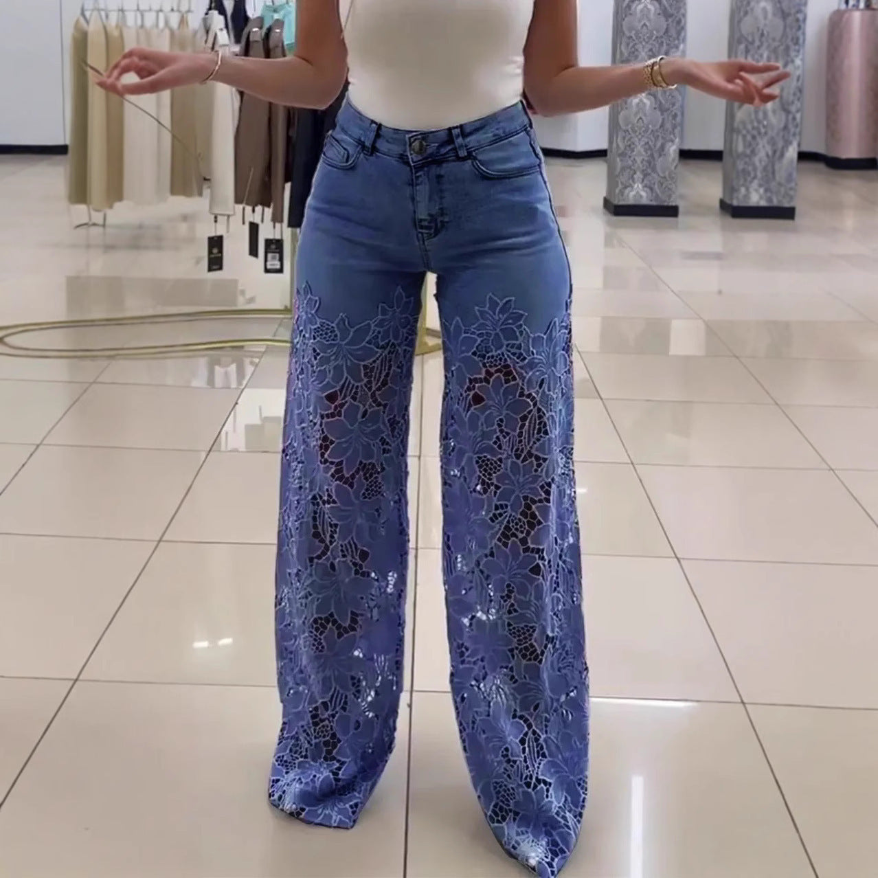 Women's Y2K Lace Flowers Hollow High Waist Jeans.