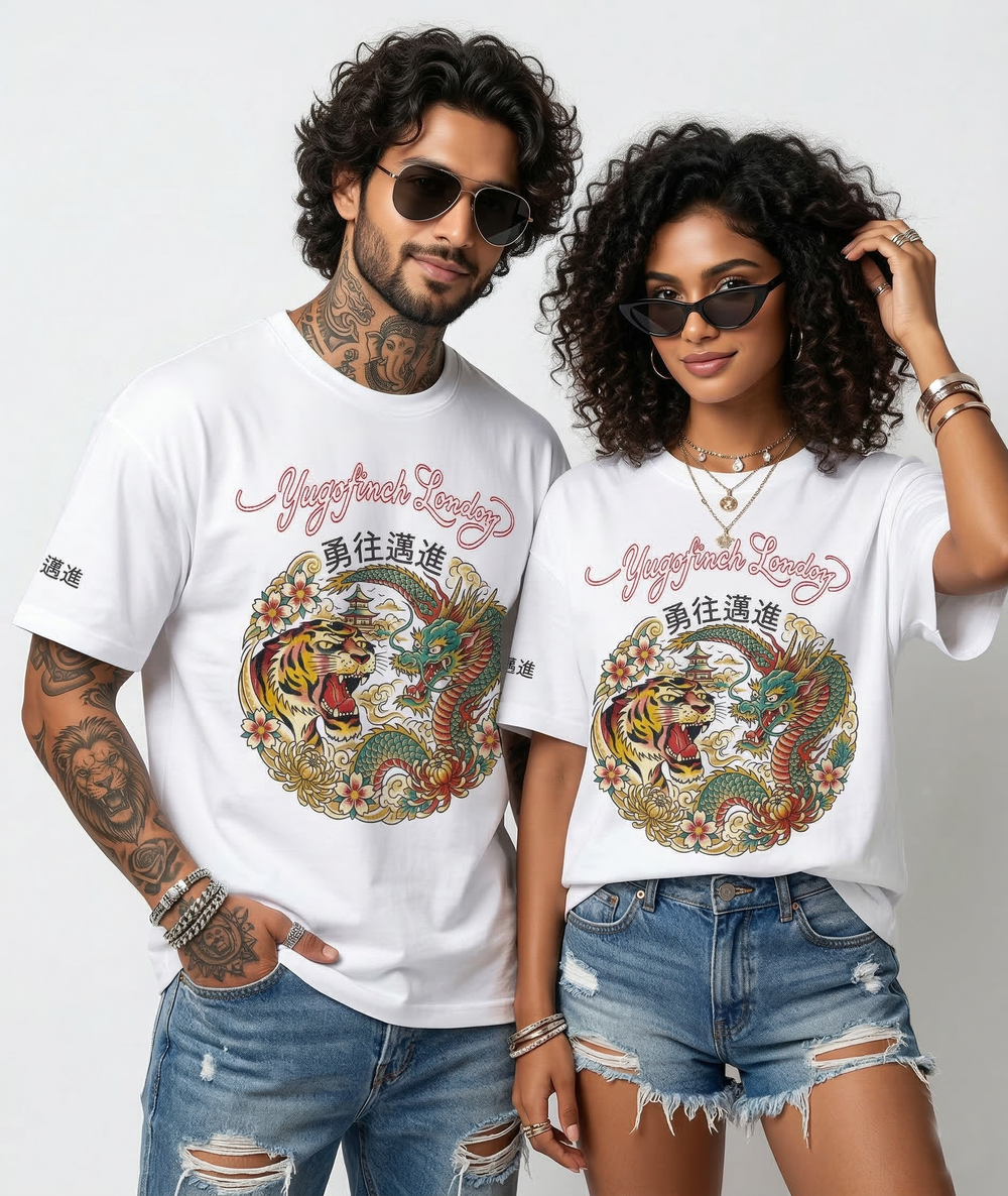 Unisex Classic Crew Wacom sketch Dragon/Tiger T-Shirt - 10 colors, 10 sizes