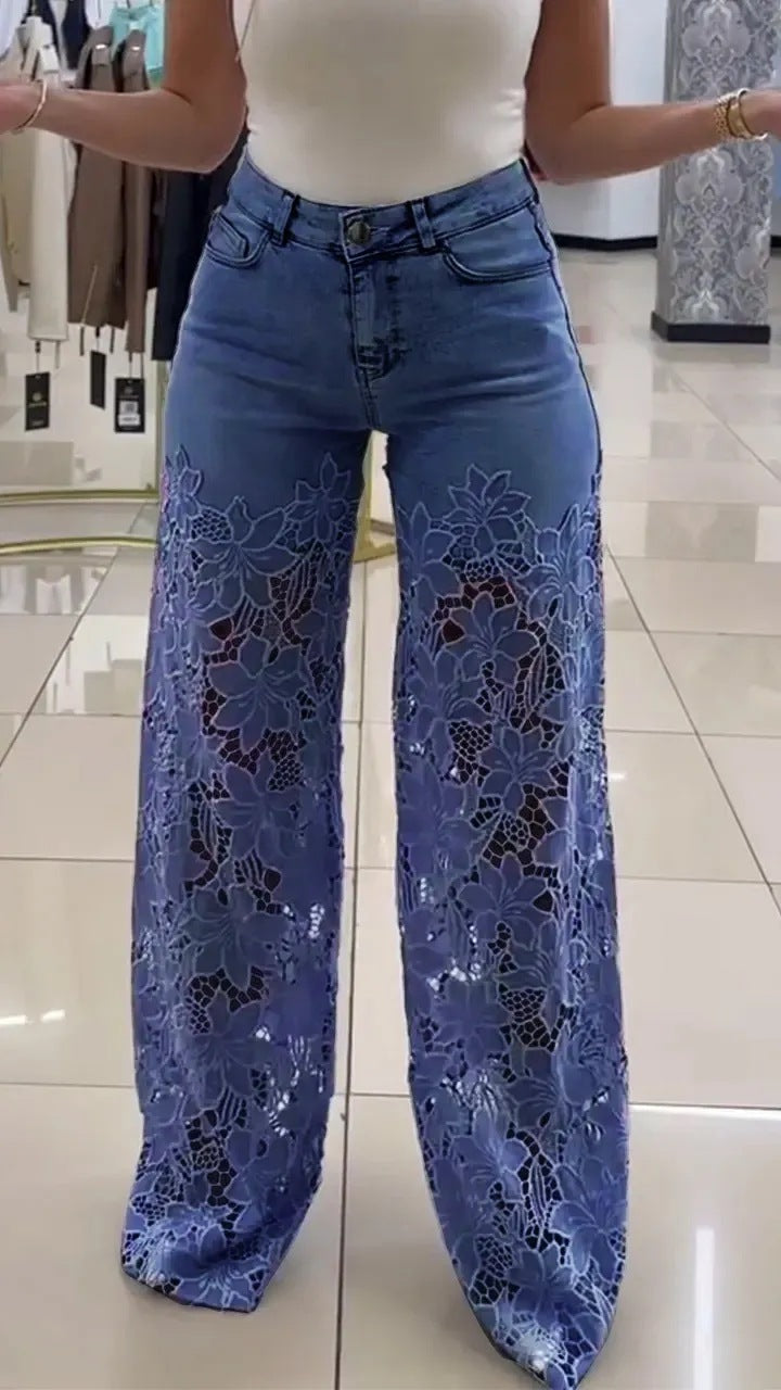 Women's Y2K Lace Flowers Hollow High Waist Jeans.