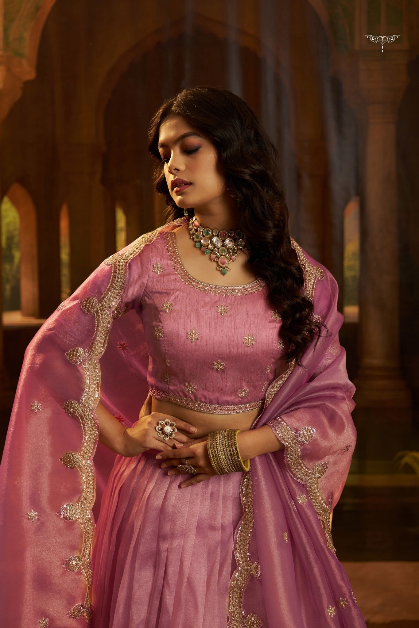 Premium Pink Hiranya Silk Lehenga Set with Art Silk Blouse and Detailed Embroidered Dupatta