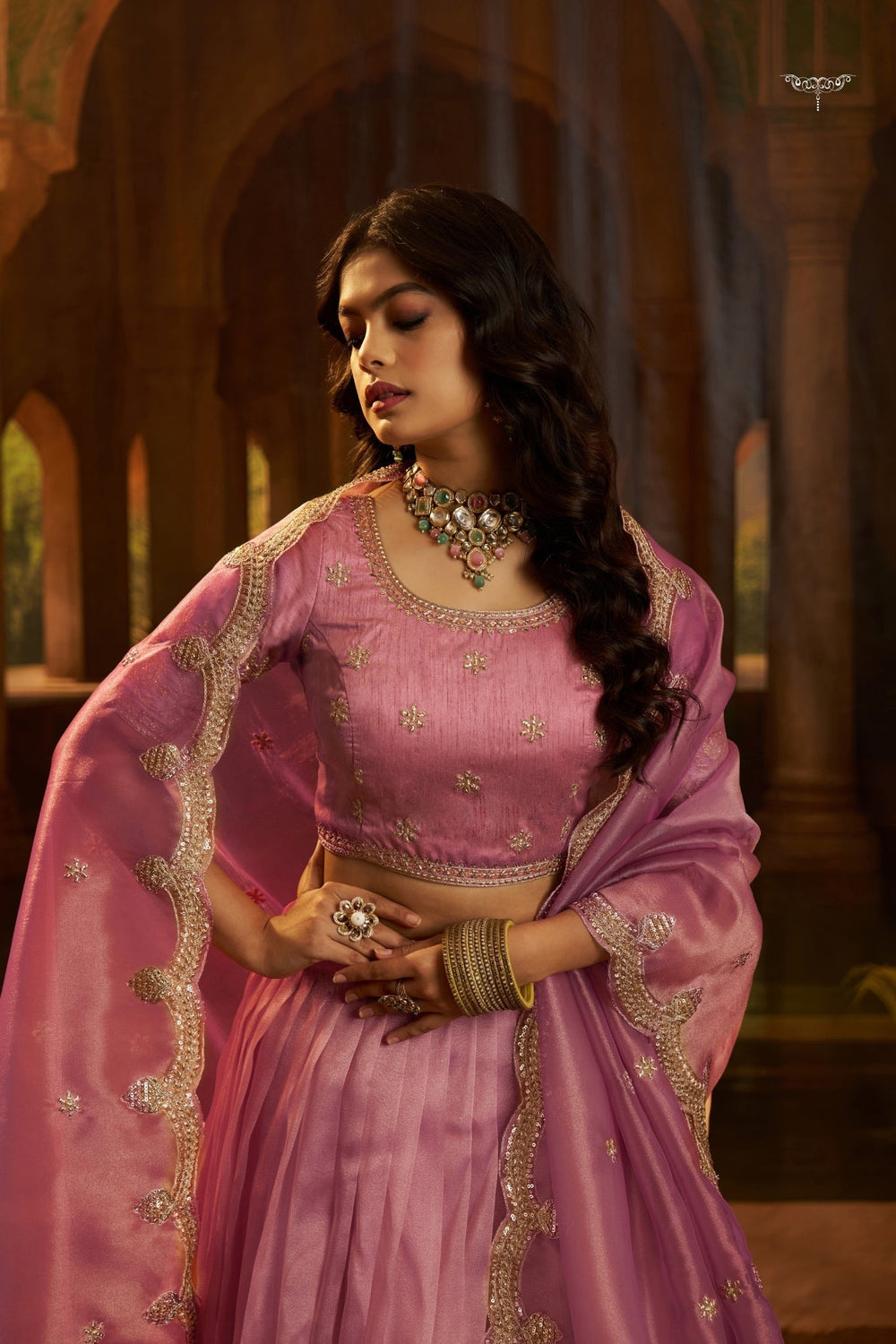 Premium Pink Hiranya Silk Lehenga Set with Art Silk Blouse and Detailed Embroidered Dupatta
