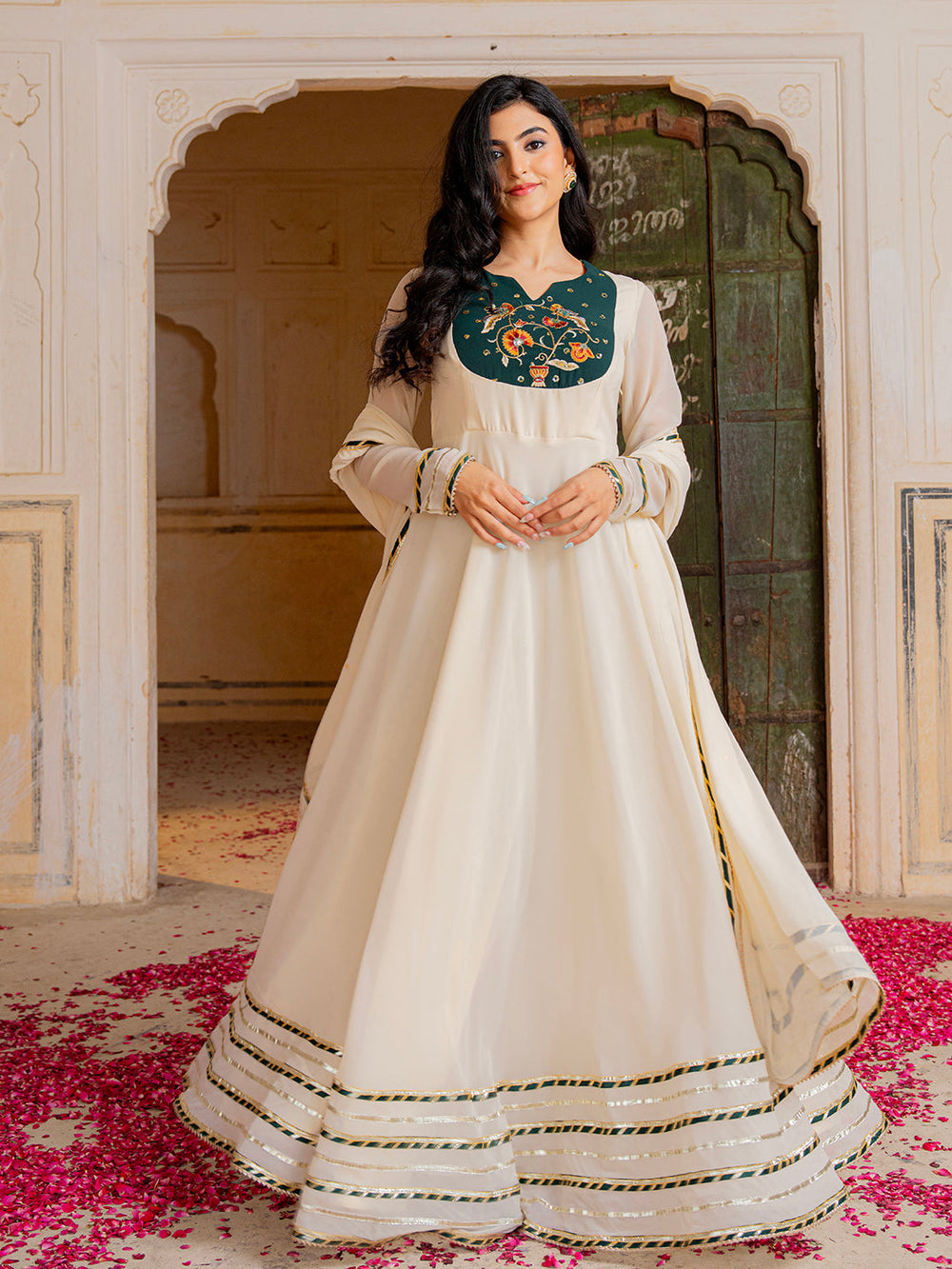 Royal Ivory Anarkali Set with Emerald Hand Embroidery for Festive Wear
