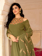 Olive Festive Wear Embroidered Georgette Anarkali Set for Women