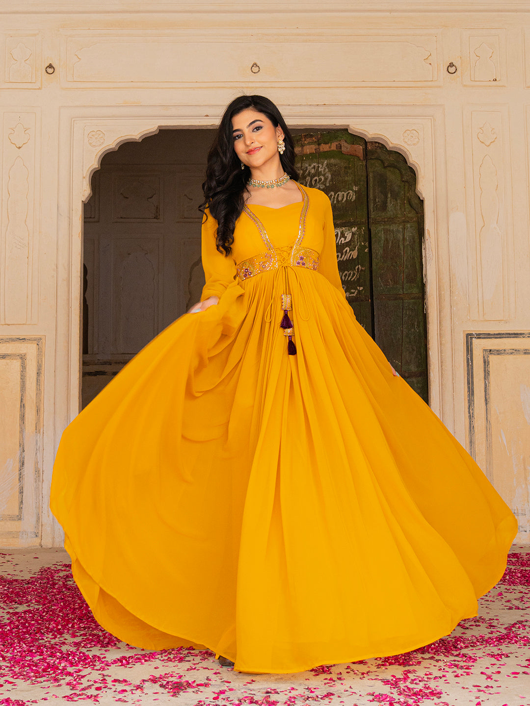 Regal Mustard Georgette Anarkali with Intricate Embroidery Work