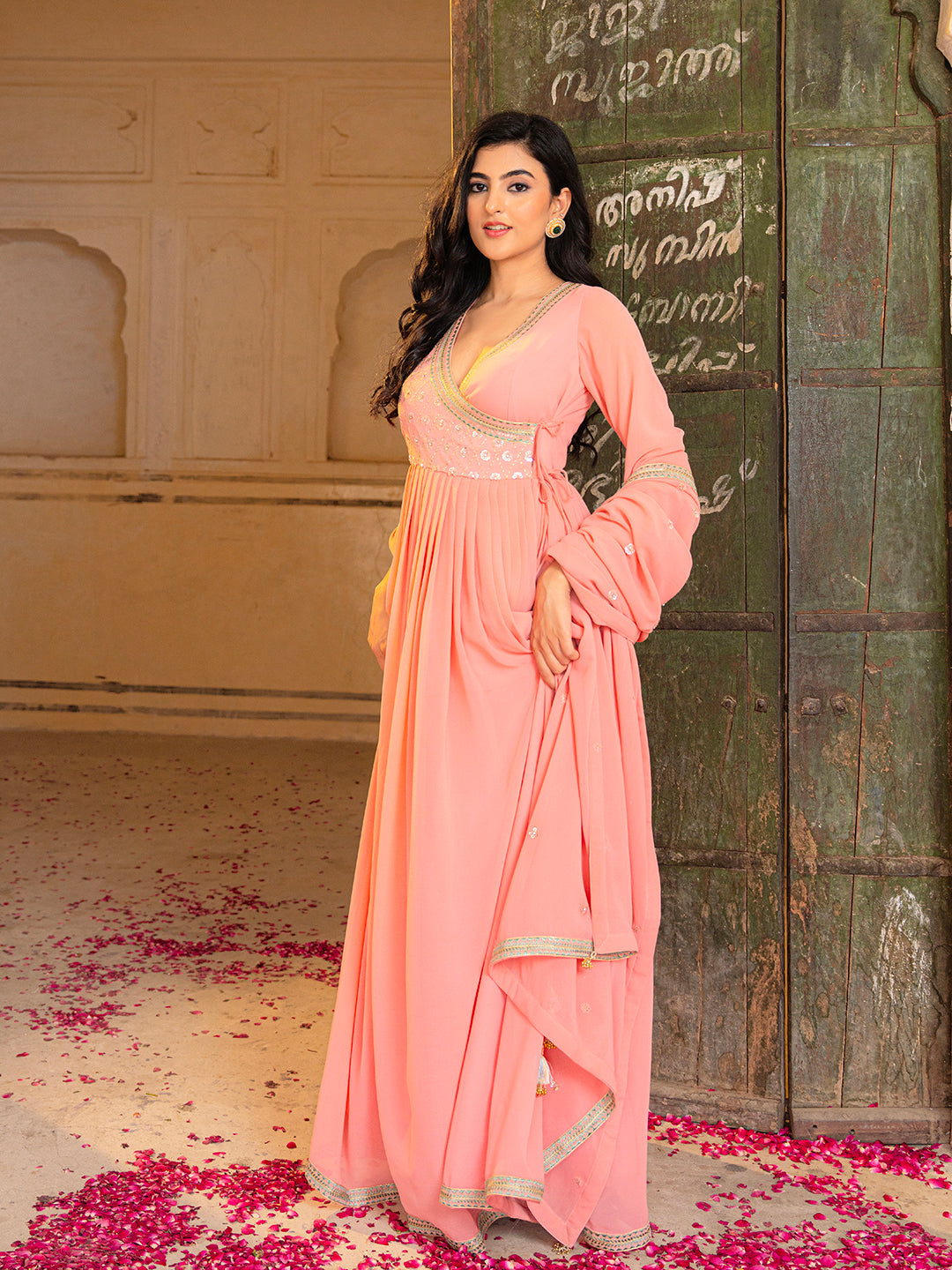 Designer Peach Radiance Georgette Anarkali Set with Embroidery
