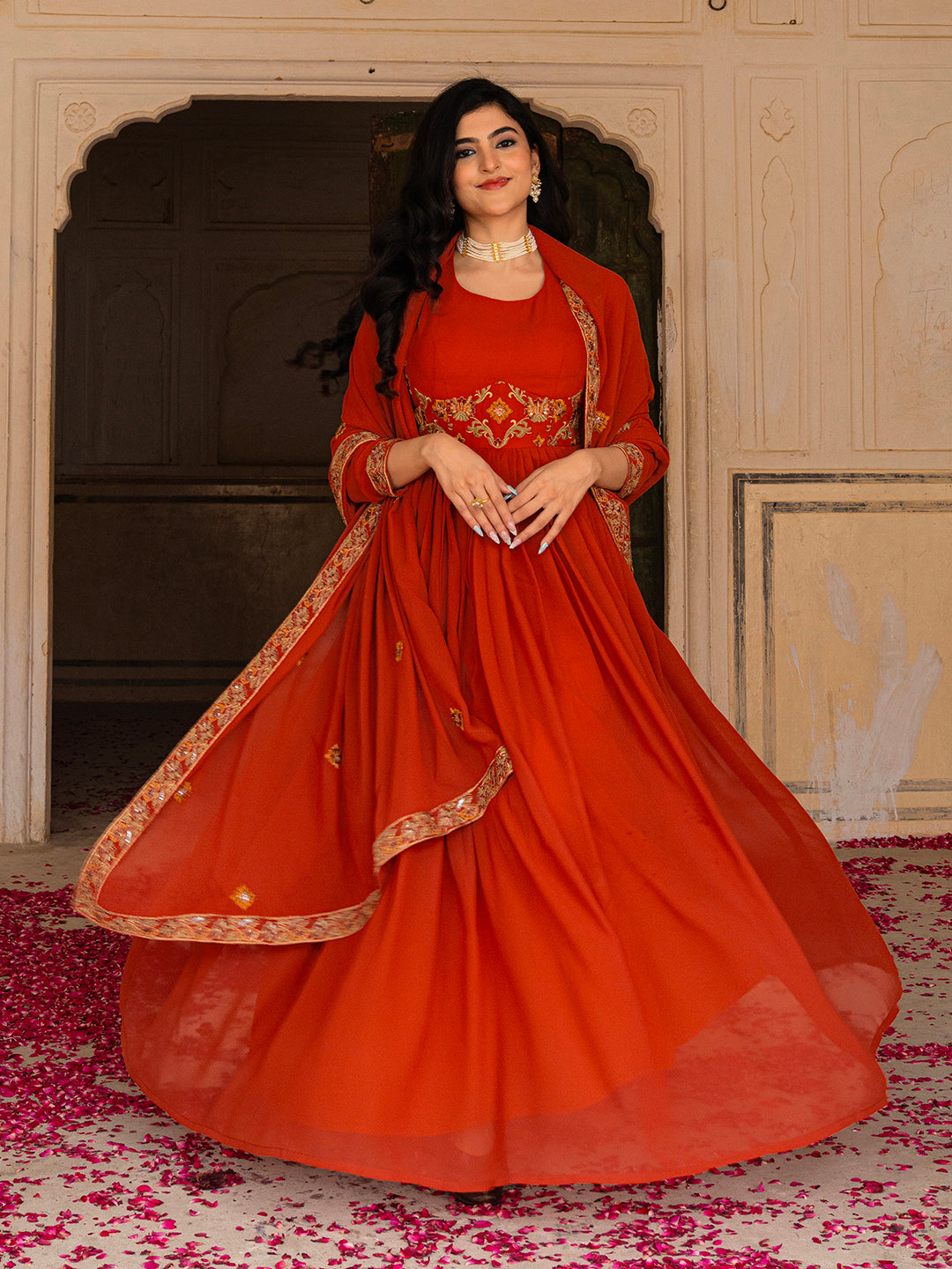 Radiant Orange Georgette Anarkali with Intricate Embroidered Detailing