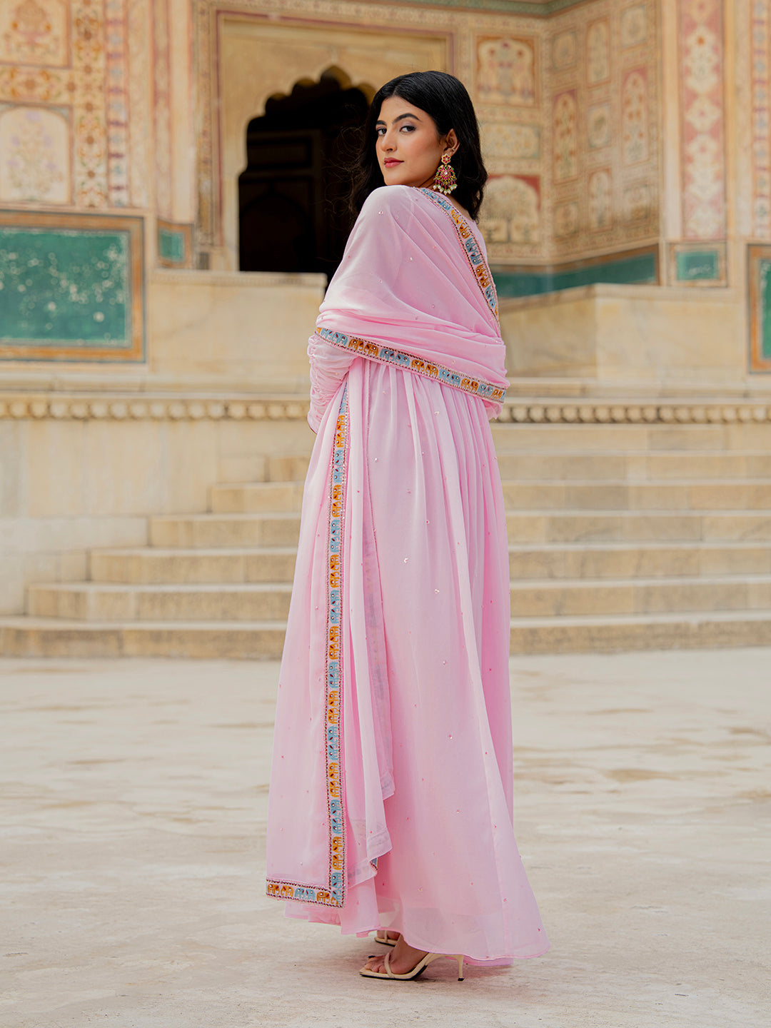 Designer Soft Pink Embroidered Georgette Anarkali Gown