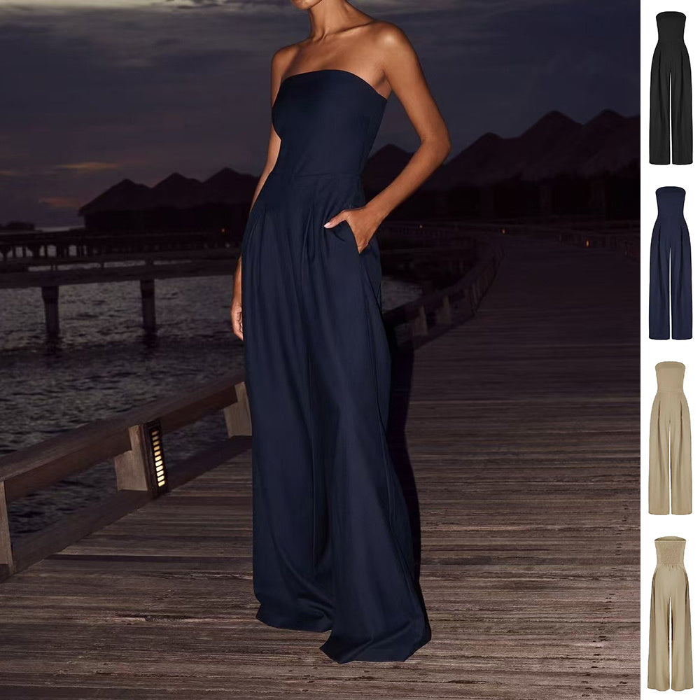 Women's Loose Tube-top Jumpsuit Fashion Backless Wide Leg Long Pants Overalls Clothing