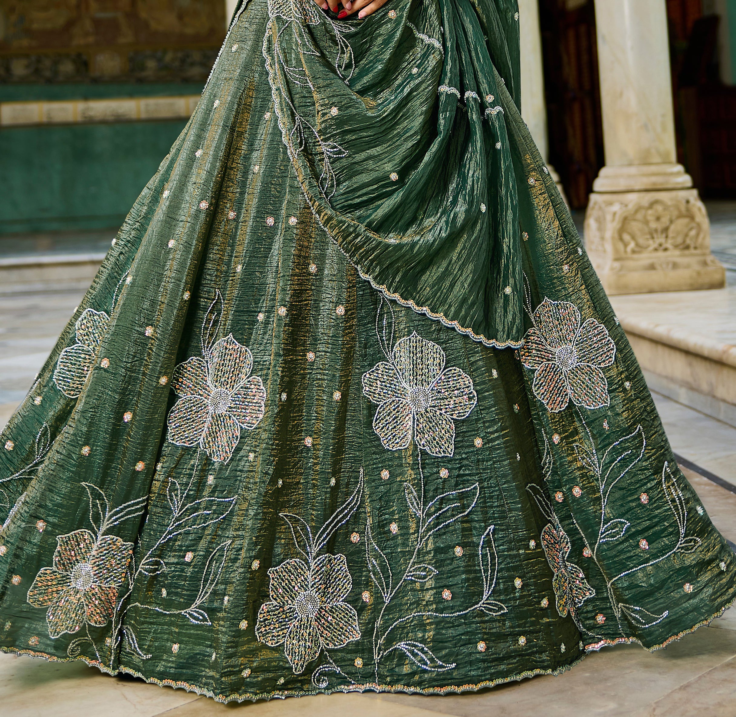 Designer Green Gold Crush Lehenga Choli Set – Floral Embroidery, Festive Ethnic Wear