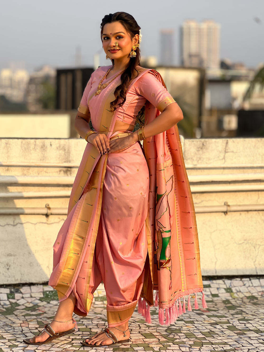 Baby Pink Wedding Special Nauvari Paithani Soft Silk Saree with Zari Woven Polka Motifs and Peacock Pallu