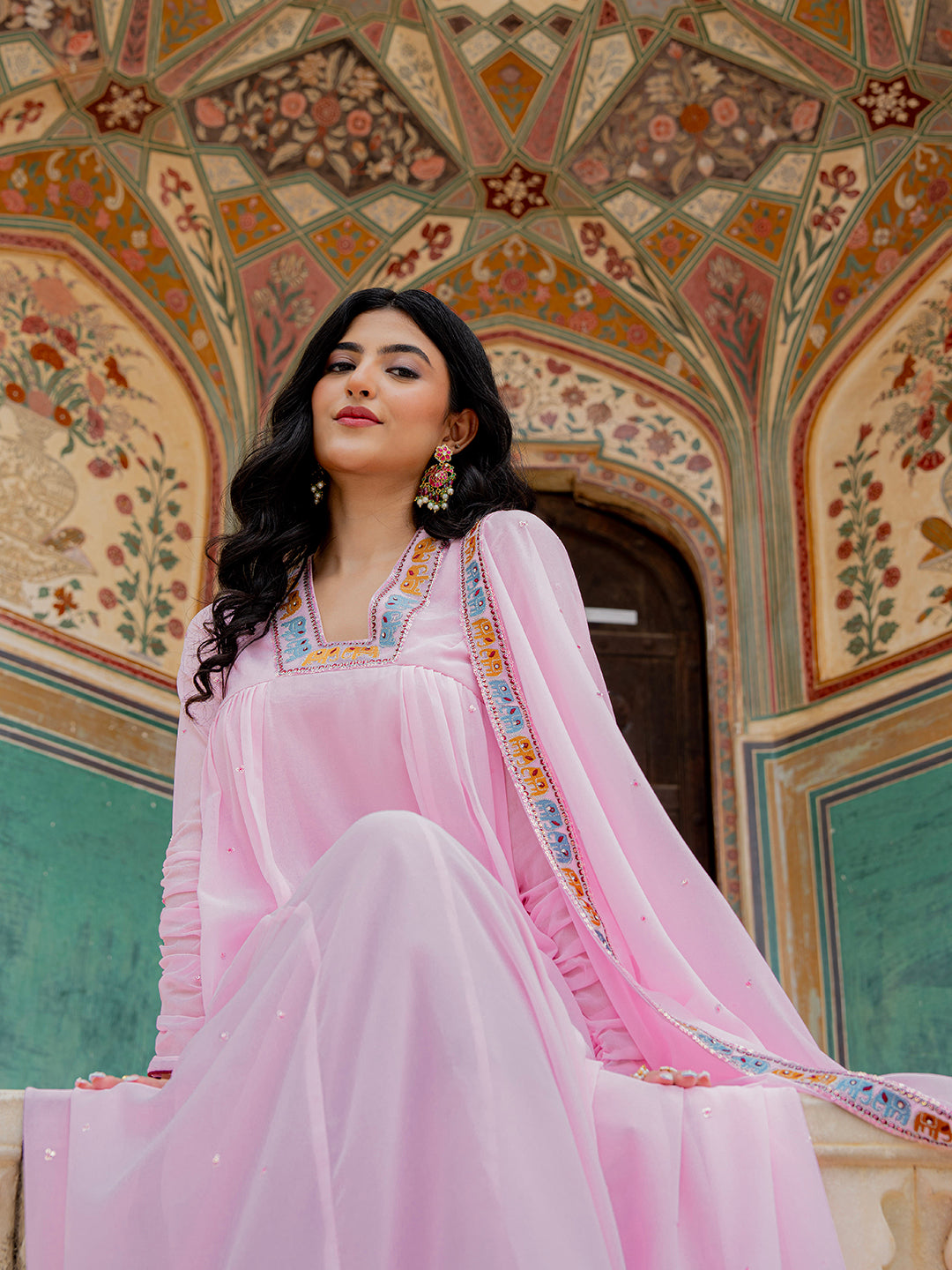 Designer Soft Pink Embroidered Georgette Anarkali Gown