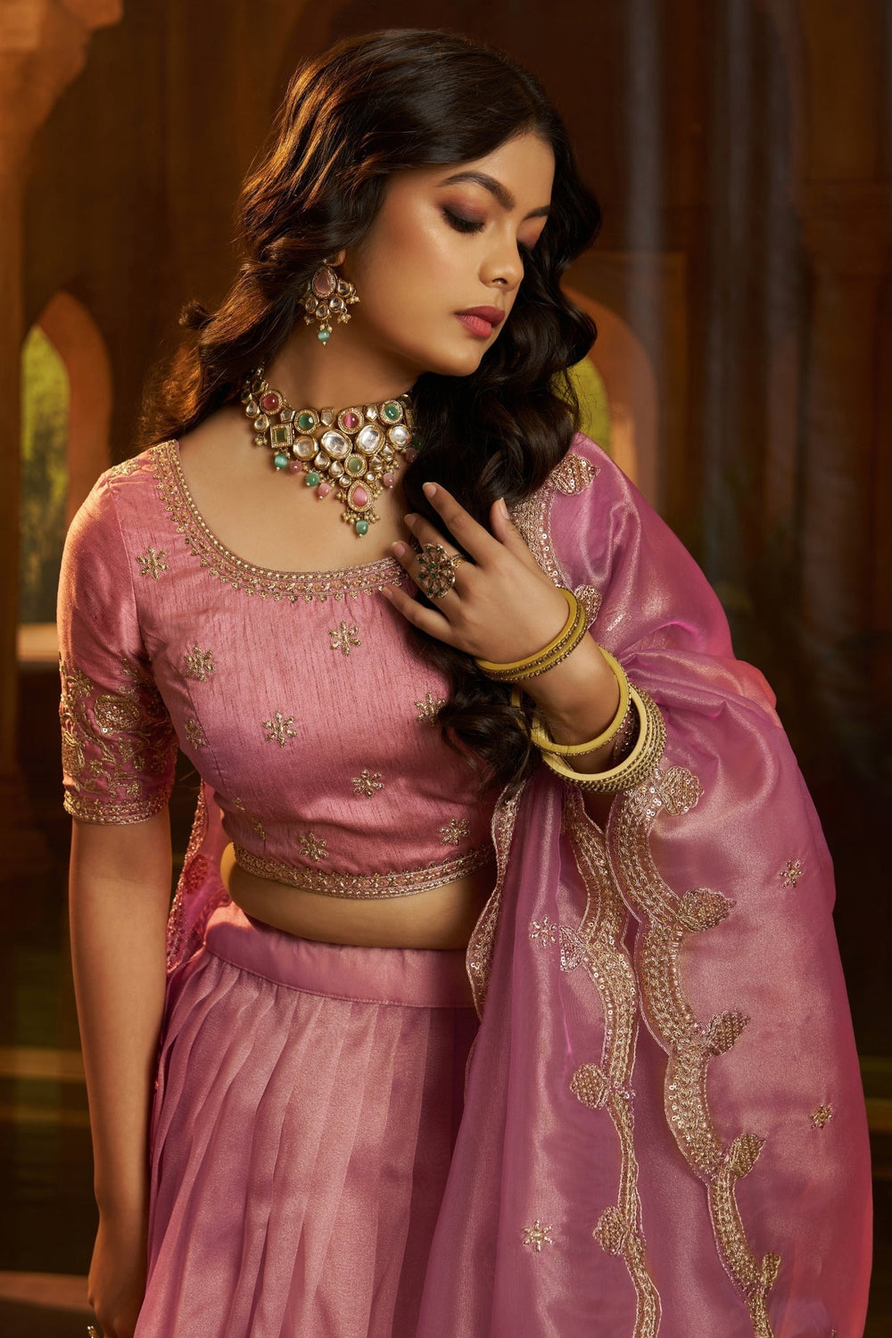Premium Pink Hiranya Silk Lehenga Set with Art Silk Blouse and Detailed Embroidered Dupatta