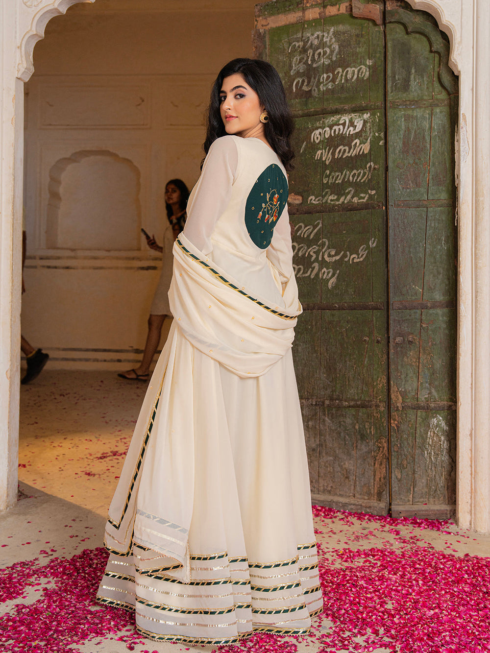Royal Ivory Anarkali Set with Emerald Hand Embroidery for Festive Wear