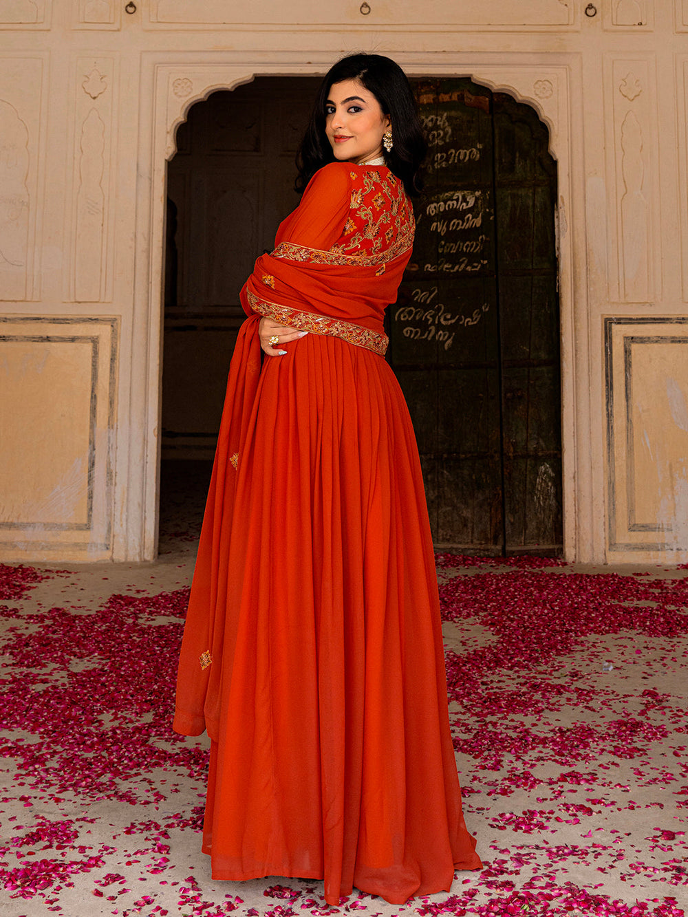 Radiant Orange Georgette Anarkali with Intricate Embroidered Detailing