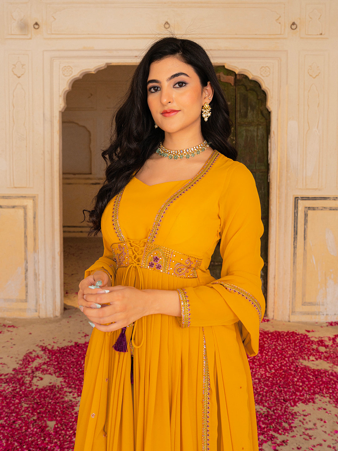 Regal Mustard Georgette Anarkali with Intricate Embroidery Work