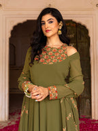 Olive Festive Wear Embroidered Georgette Anarkali Set for Women