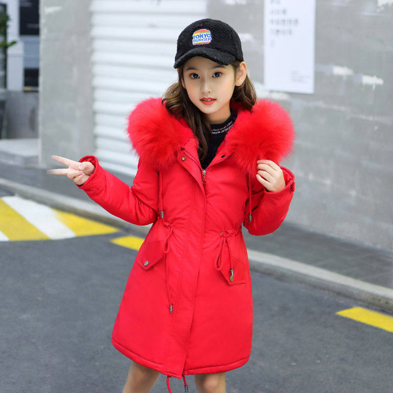 Girl's Middle And Large Children's Cotton Coats In The Long Style With Velvet Liner