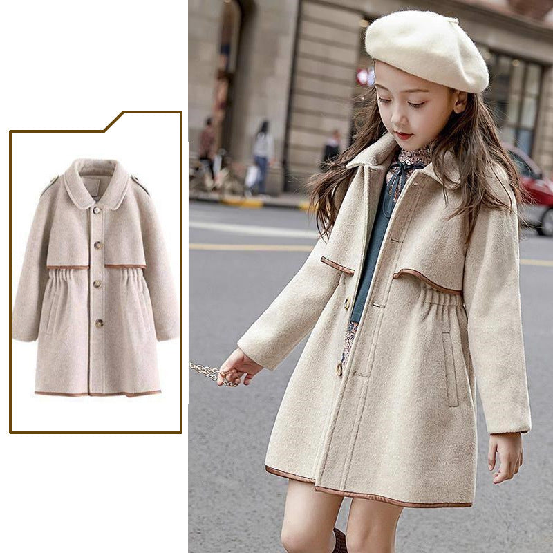 Girl's Solid Color Woolen Coat, British Fashion Mid-length Coat, Waist Thickened