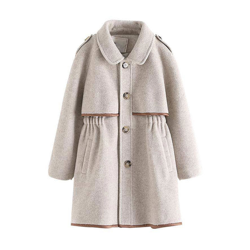 Girl's Solid Color Woolen Coat, British Fashion Mid-length Coat, Waist Thickened