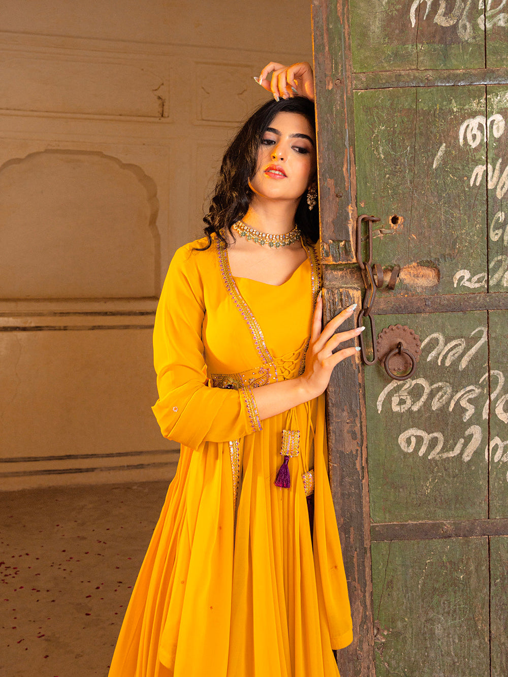 Regal Mustard Georgette Anarkali with Intricate Embroidery Work
