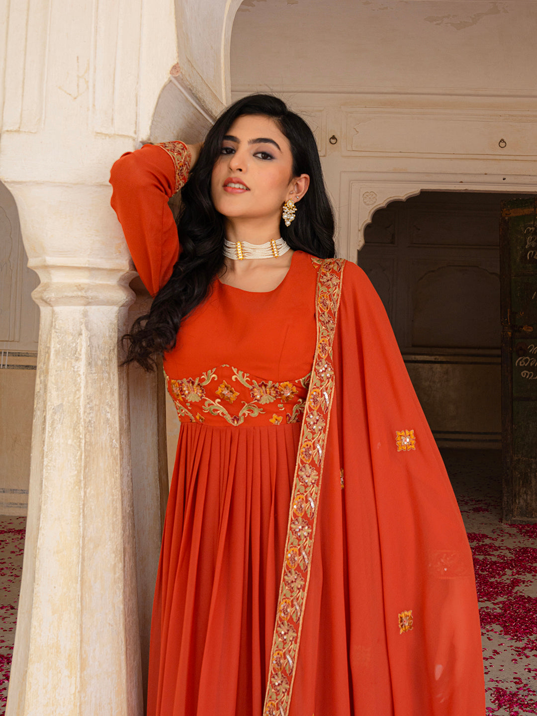 Radiant Orange Georgette Anarkali with Intricate Embroidered Detailing