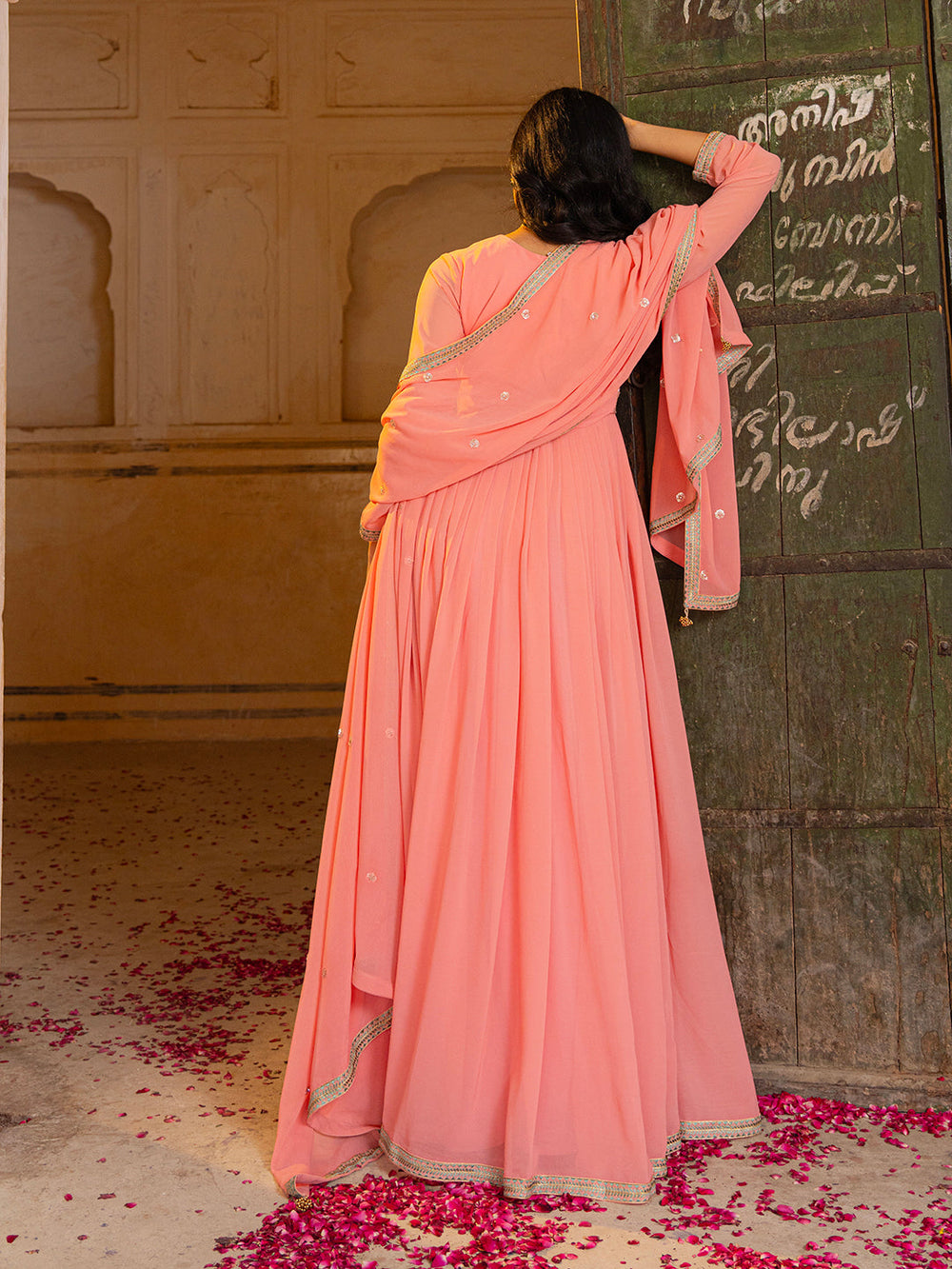 Designer Peach Radiance Georgette Anarkali Set with Embroidery