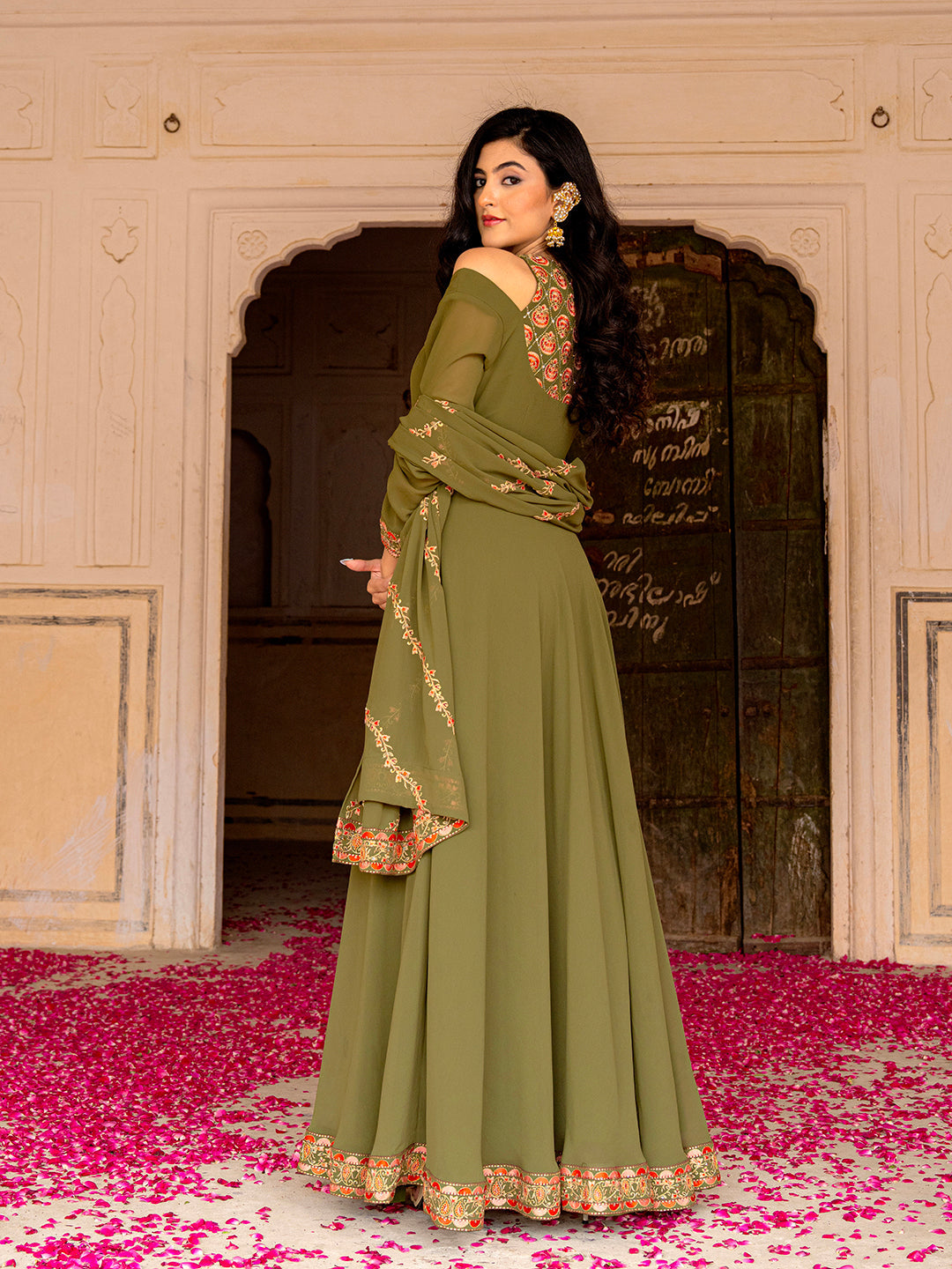 Olive Festive Wear Embroidered Georgette Anarkali Set for Women