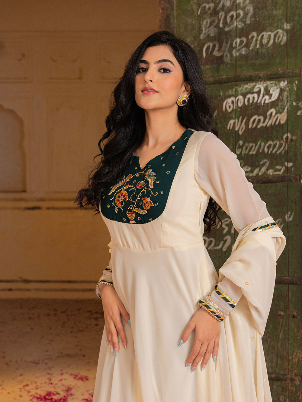 Royal Ivory Anarkali Set with Emerald Hand Embroidery for Festive Wear