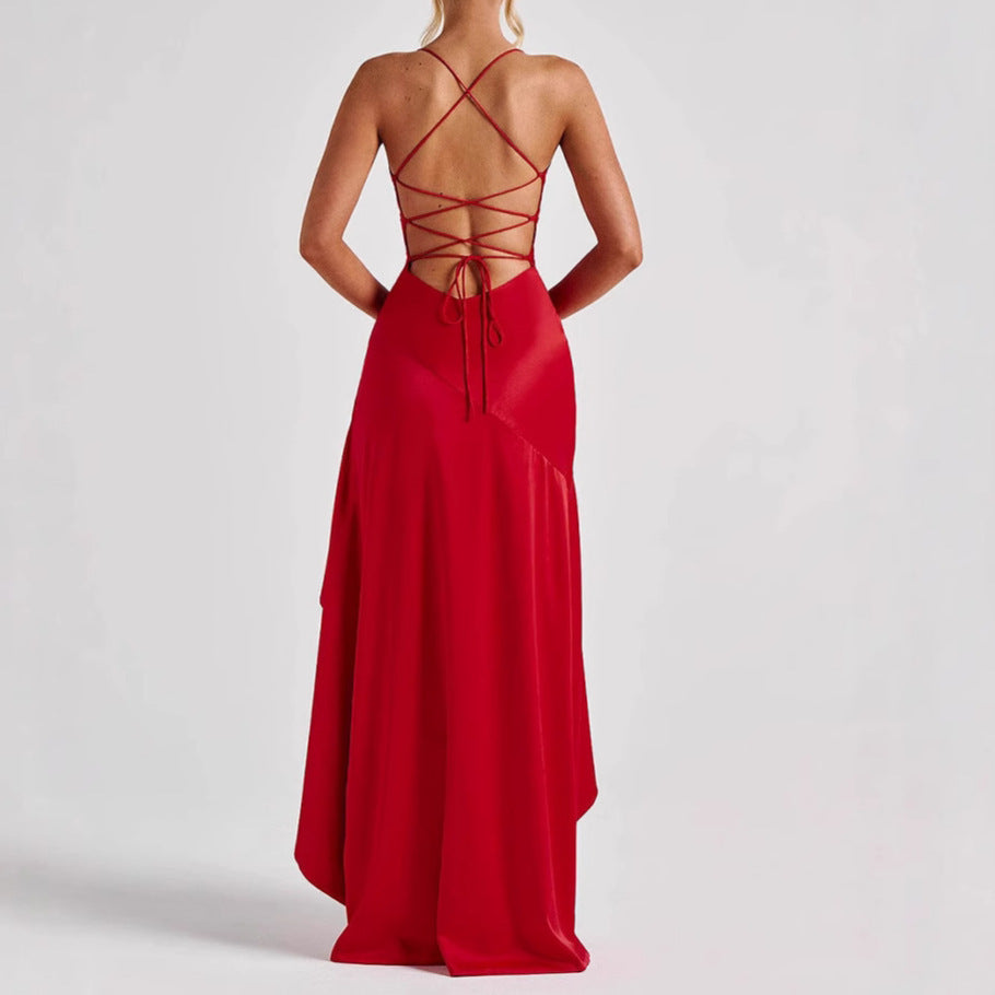 Women's Backless Ruffles Irregular Maxi Dress