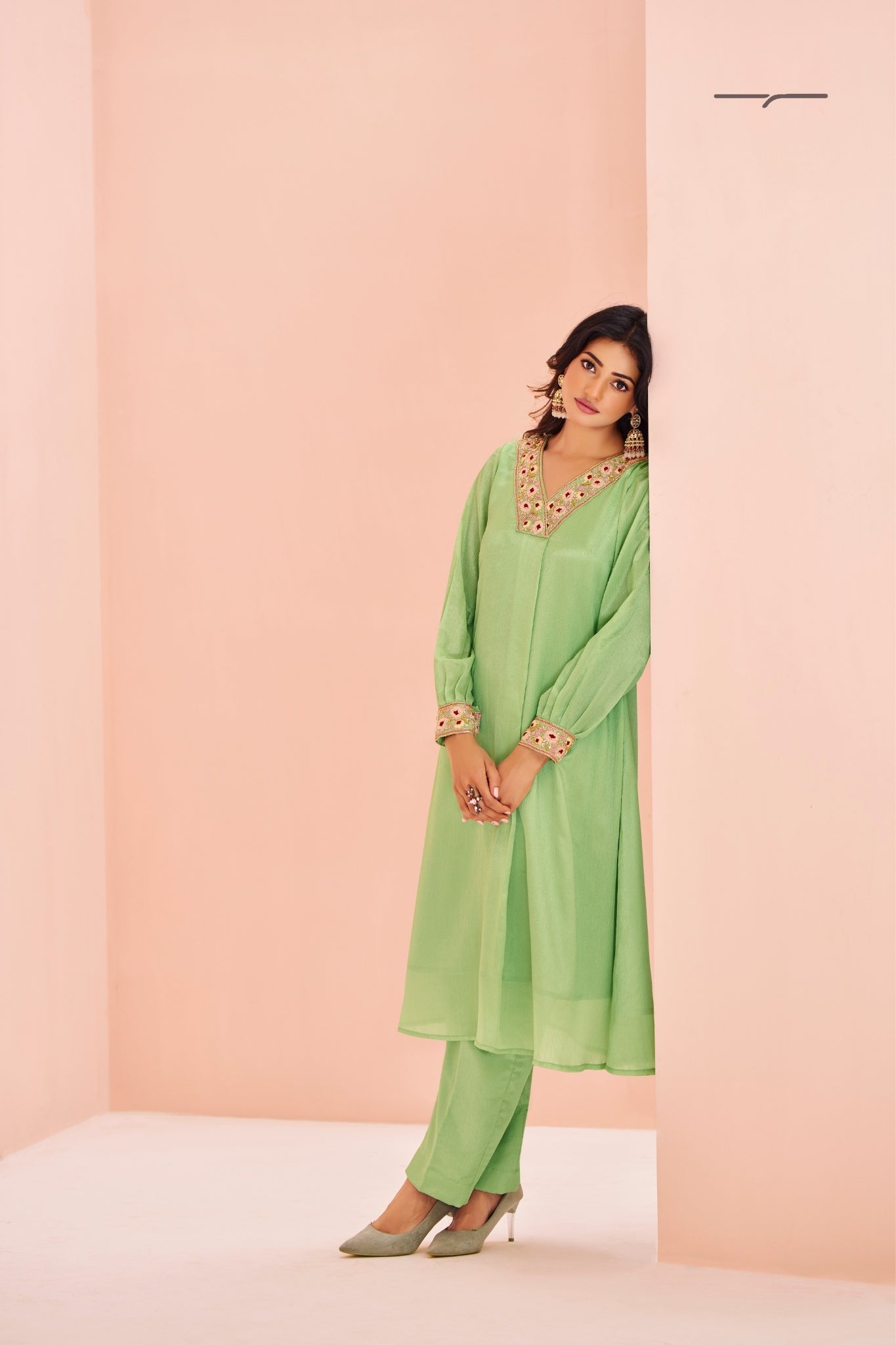 Premium Green Chinon Handwork Kurta Set for Festive & Wedding Wear
