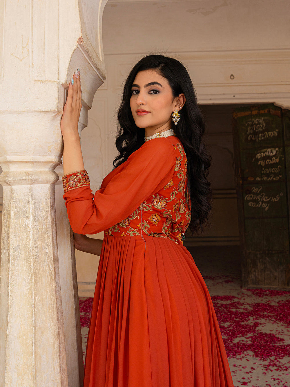 Radiant Orange Georgette Anarkali with Intricate Embroidered Detailing