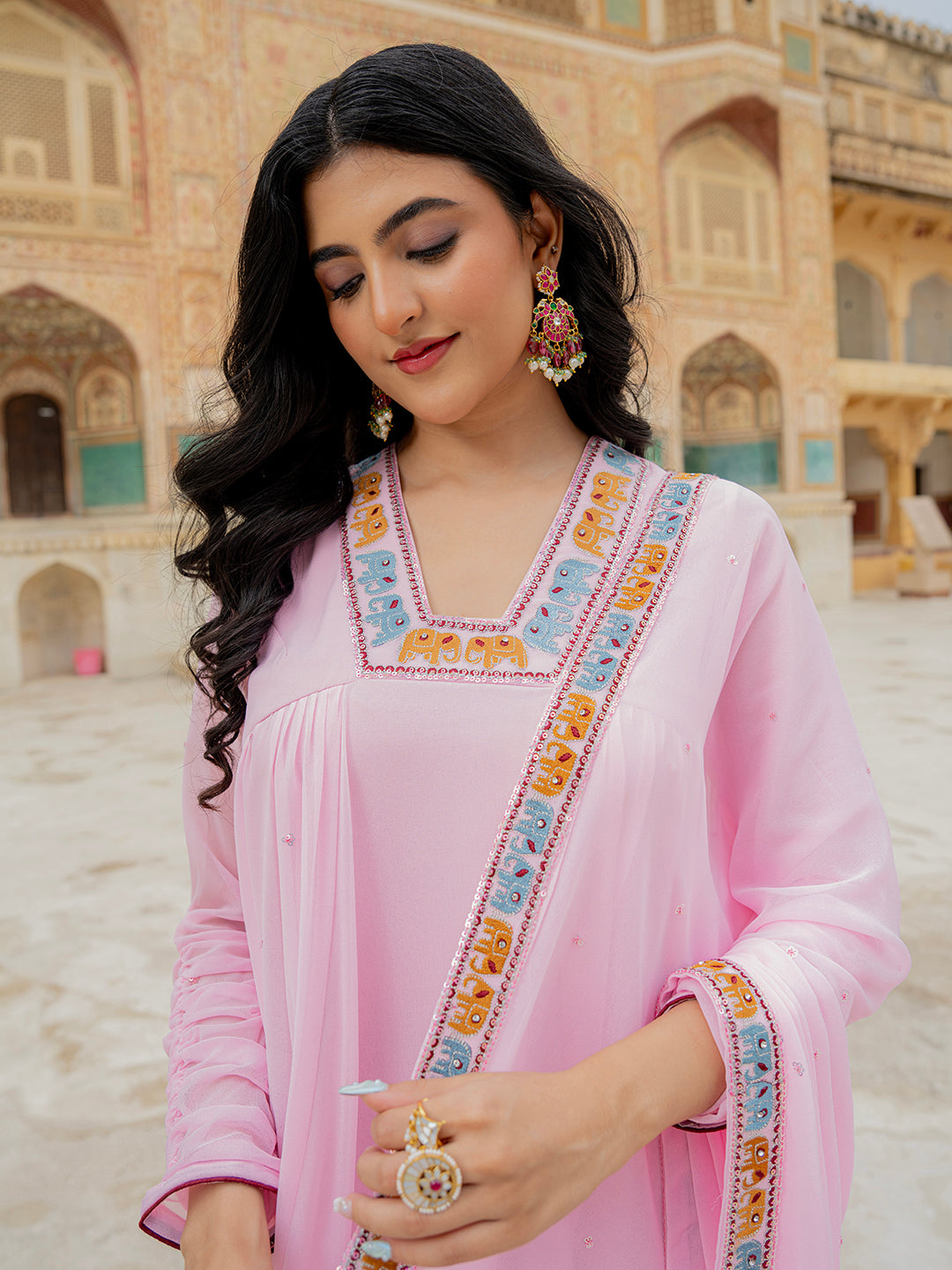 Designer Soft Pink Embroidered Georgette Anarkali Gown