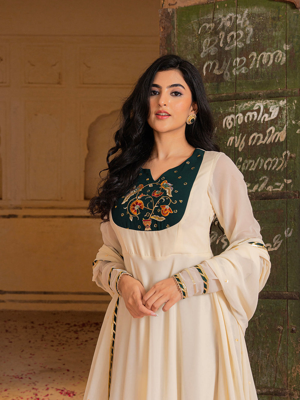 Royal Ivory Anarkali Set with Emerald Hand Embroidery for Festive Wear